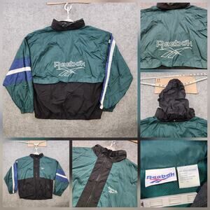 VTG 90s Reebok Jacket Mens M Medium Hooded Windbreaker 1/2 Zip Track Pullover